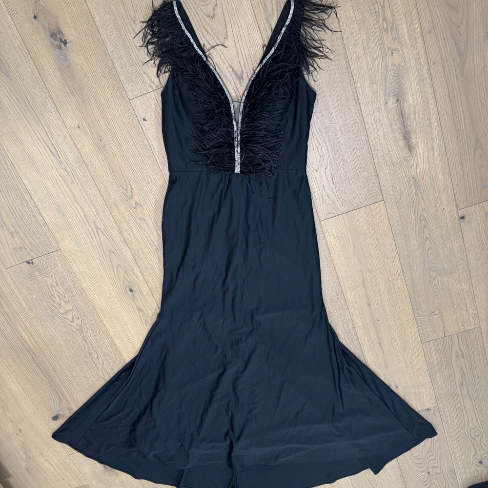 Camille La Vie Black Feather-Trim V-Neck Dress with Silver Trim
